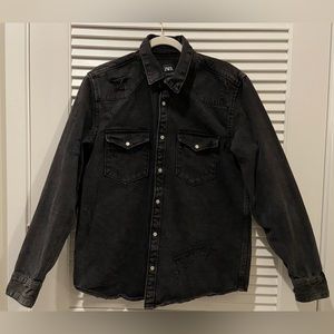 ZARA Distressed Black Denim Button Down Shirt Jacket